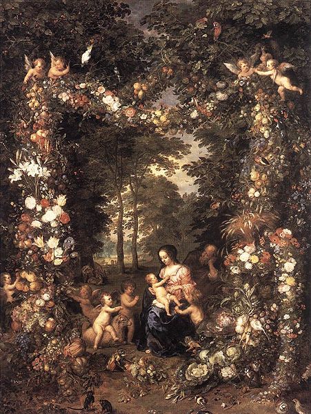 Heilige Familie in einem Blumen und Fruchtekranz
